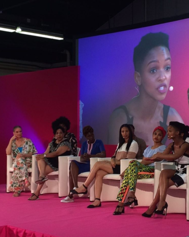 Writer and activist, Michaela Angela Davis, Representative from Shea Moisture, (name unlisted), French TV Host, Rokhaya Diallo, Tech Editor, Sequoia Blodgett, acclaimed French artist, Imany, Nandi Madida from BET Africa - (Image: Natural Hair Academy)